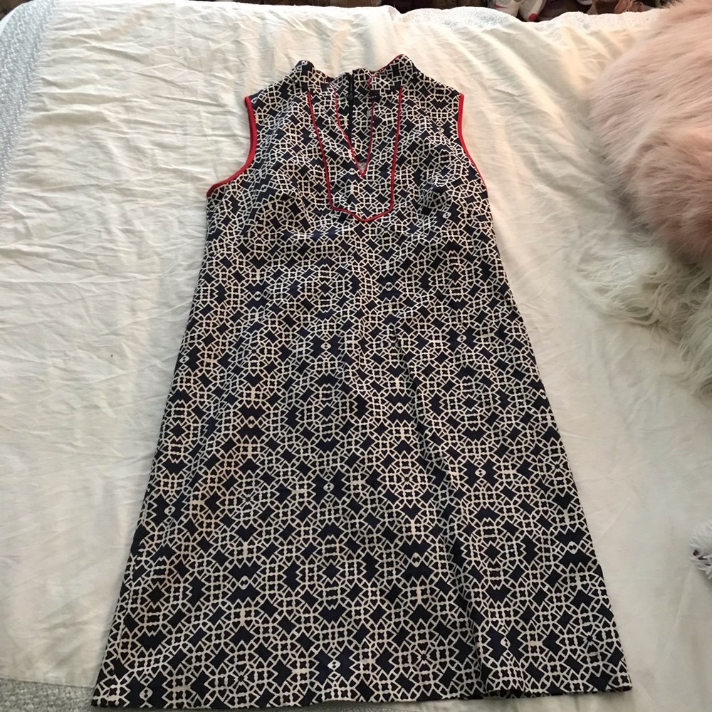 White red and blue patterned dress